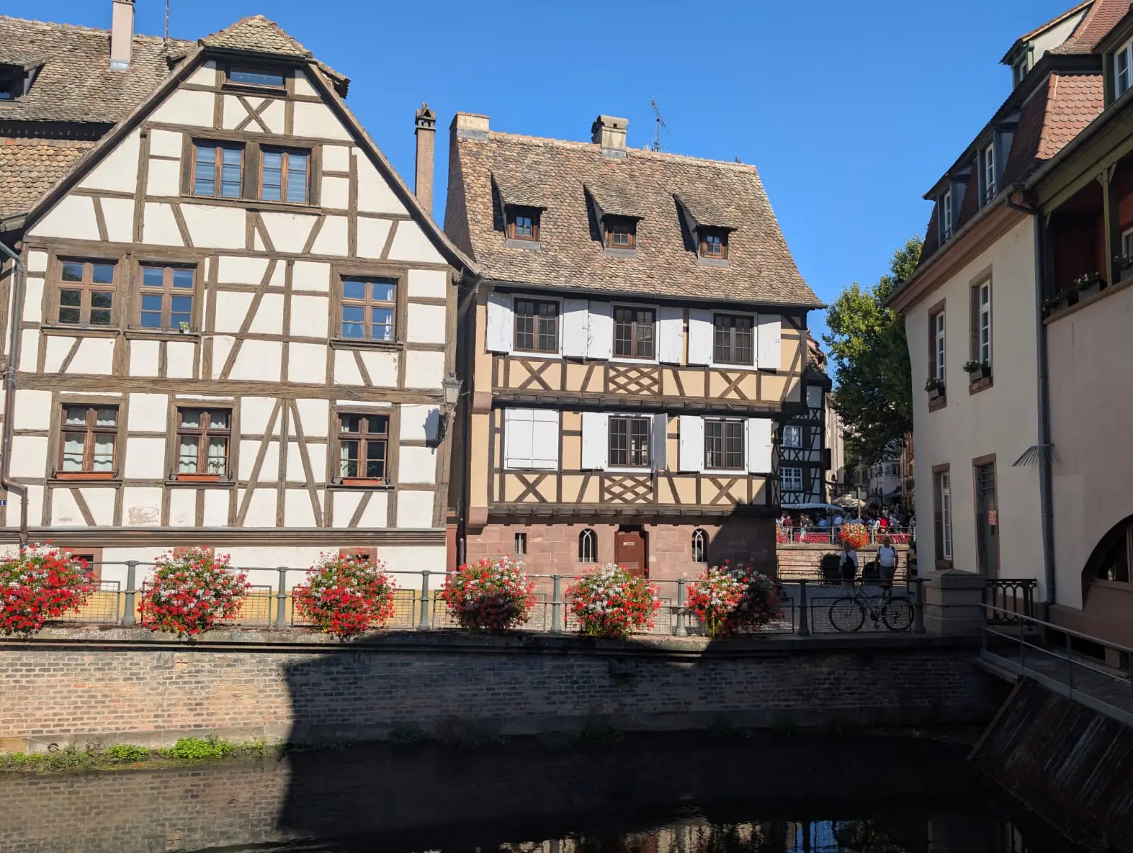 Two half-timbered houses above a canal wall lined with red and white geraniums